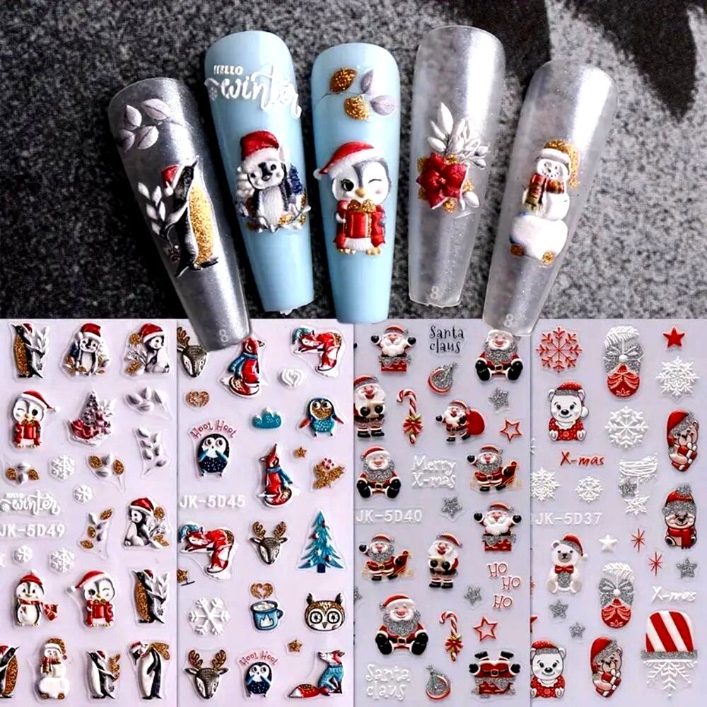 4 Sheets 5D Embossed Glitter Christmas Nail Art Stickers Santa - Self Adhesive